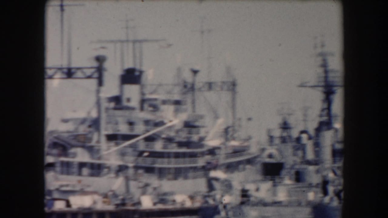 Large ships and harbor structures crowded near cranes and dock equipment.