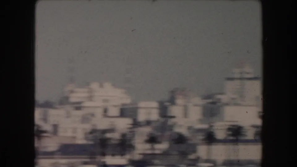 1961 California waterfront view with distant pale buildings, palm trees, haze, and a round-topped tower at the right edge.