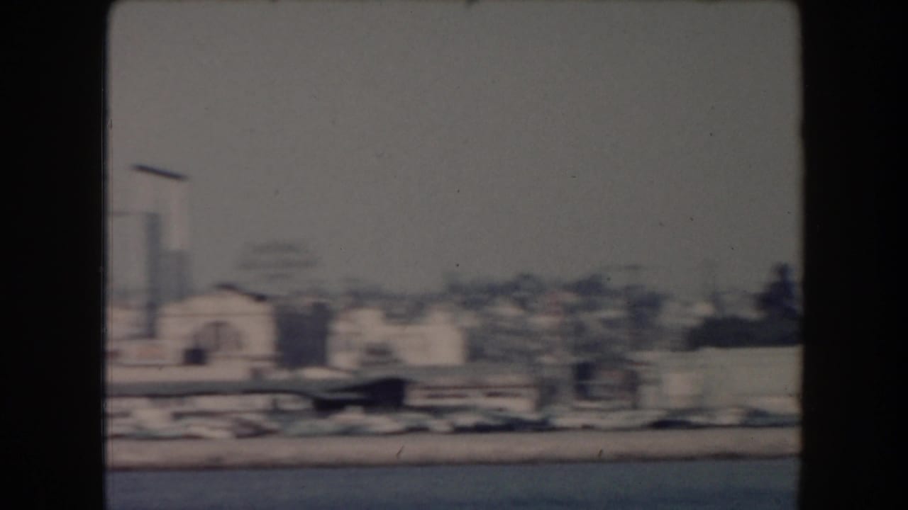 Waterfront city view with a tower-like structure, low buildings, and water in foreground.