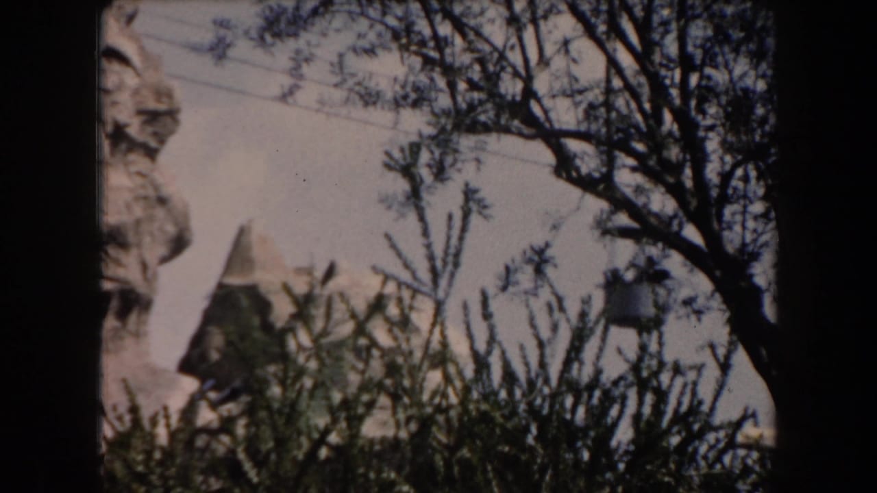 Cable gondola near trees and sculpted rockwork at a theme park attraction.