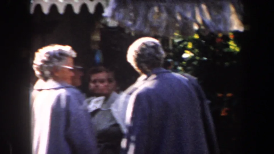 Home-movie view of shoppers near a flower stand, with bright sunlight, soft focus, and mid-century clothing visible.