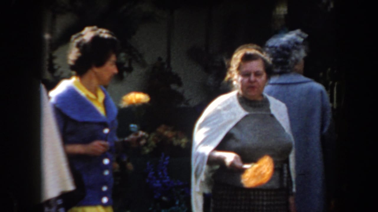 Women stand near plants, several holding orange flowers in bright sunlight.