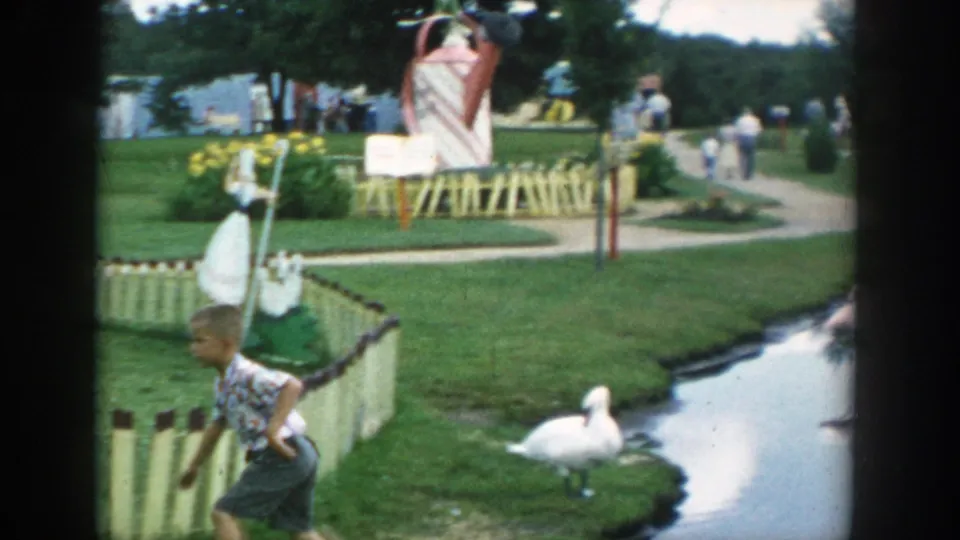 1954 Wisconsin Dells park view with a swan beside a narrow pond, painted fencing, decorative figures, lawns, and visitors in the distance.
