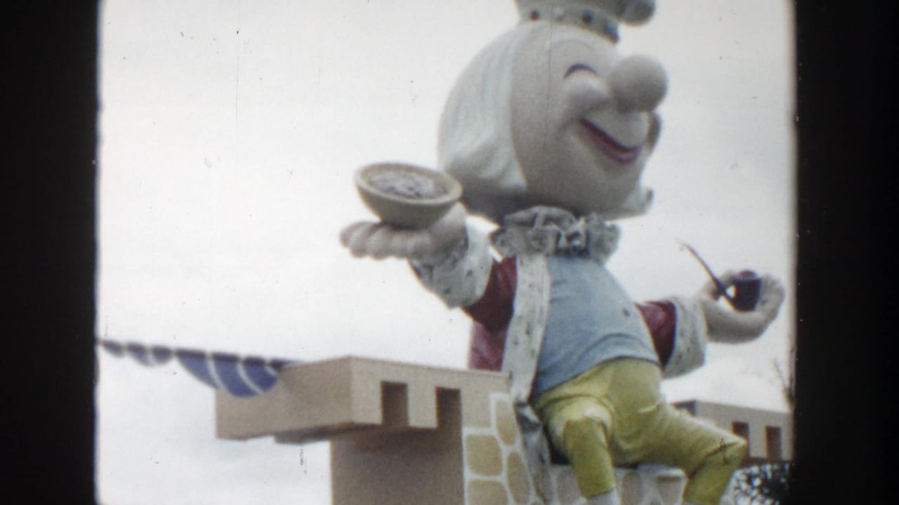 Large crowned puppet on a tower, framed beside a dark film-strip divider.