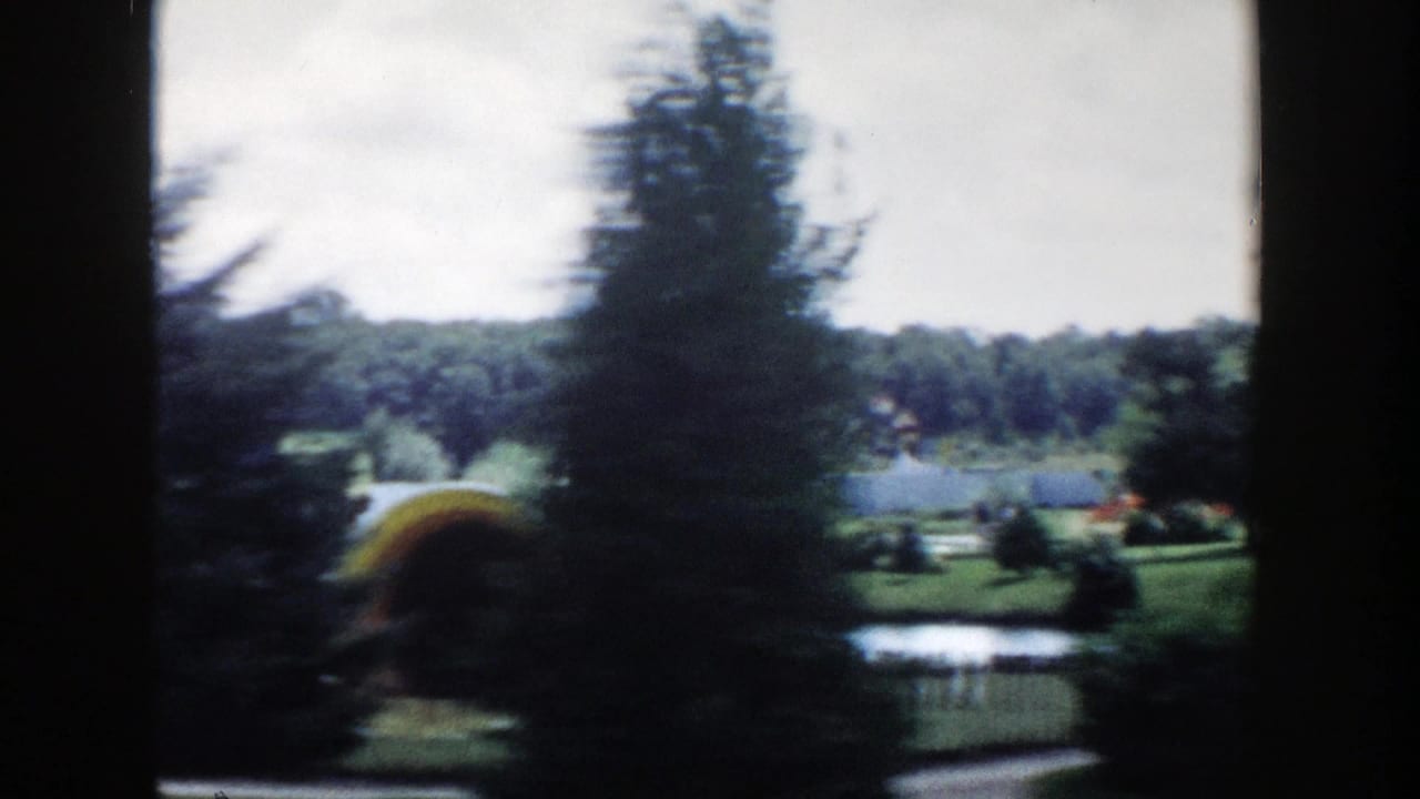 Blurred roadside view of trees, lawn, pond, and a colorful arched feature in the distance.