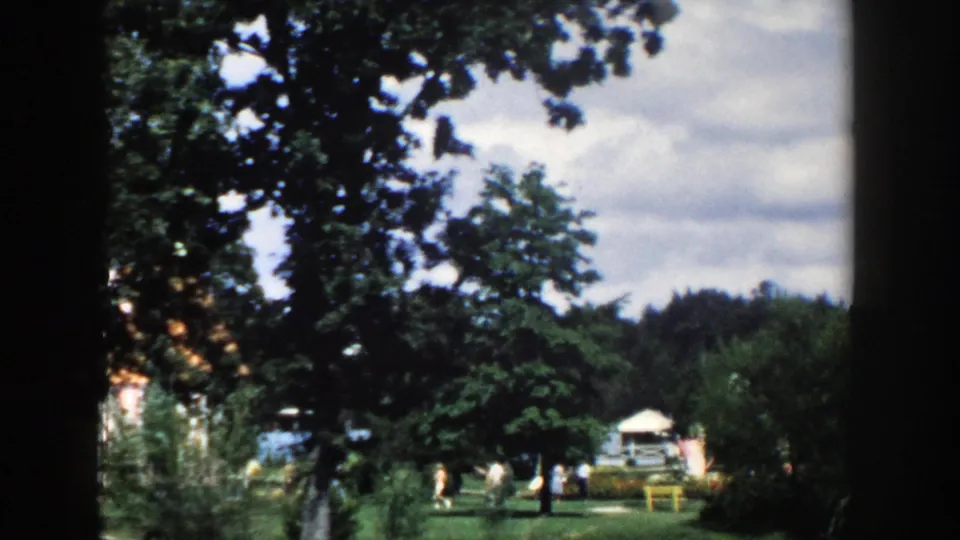 1954 Wisconsin Dells frame showing leafy trees, a pondside lawn, distant visitors, and a small shelter or light structure.