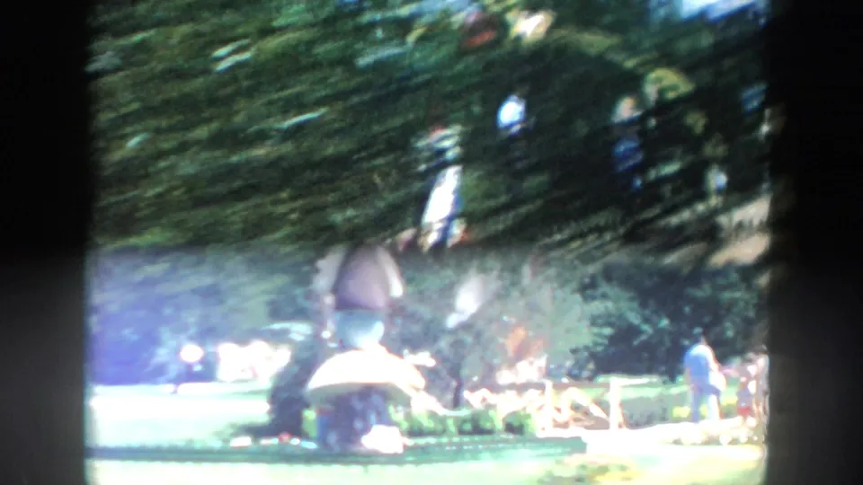Motion-blurred 1954 Wisconsin Dells home-movie frame showing a sculptural play figure, sunlit grass, trees, and distant park visitors.