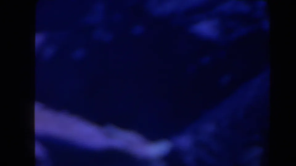 Blue-purple 8mm frame from Texas footage, showing an indistinct shoreline-like form and shadowed rock or water shapes.