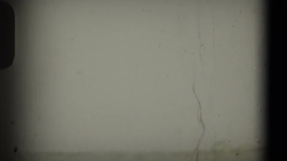 Opening 8mm frame with a pale sky, dark gate edge, dust marks, and only a faint tree line visible in Washington, DC footage.