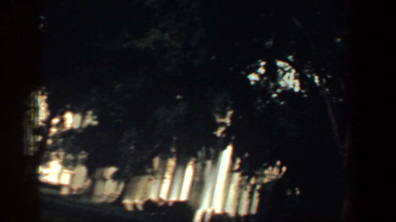 Shadowed tree cover frames a partial Washington DC landmark view in vintage 8mm footage from 1961.