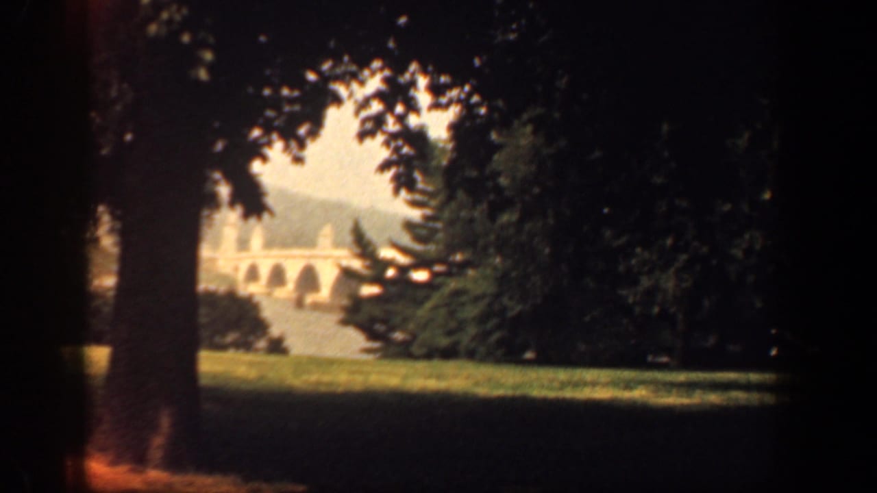 Shaded trees frame a grassy field with a distant multi-arched bridge.