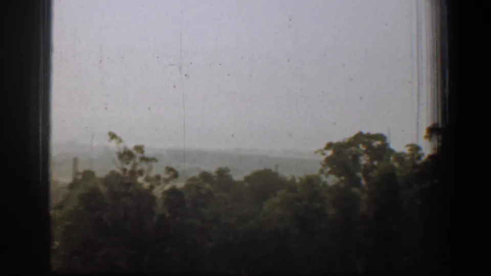 Window-framed 1961 Washington, DC view with dark mullions, treetops, and a faint hazy horizon beyond.