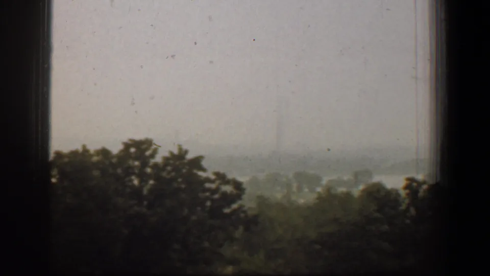 1961 Washington, DC home-movie frame showing mist-covered trees through a dark window frame, with a pale grey sky beyond.