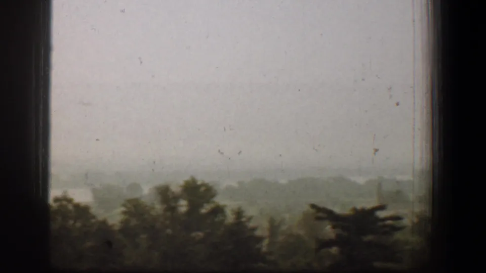 The 8mm frame shows a grey, foggy Washington, DC view through a window, with dark foreground trees and a washed-out distant horizon.