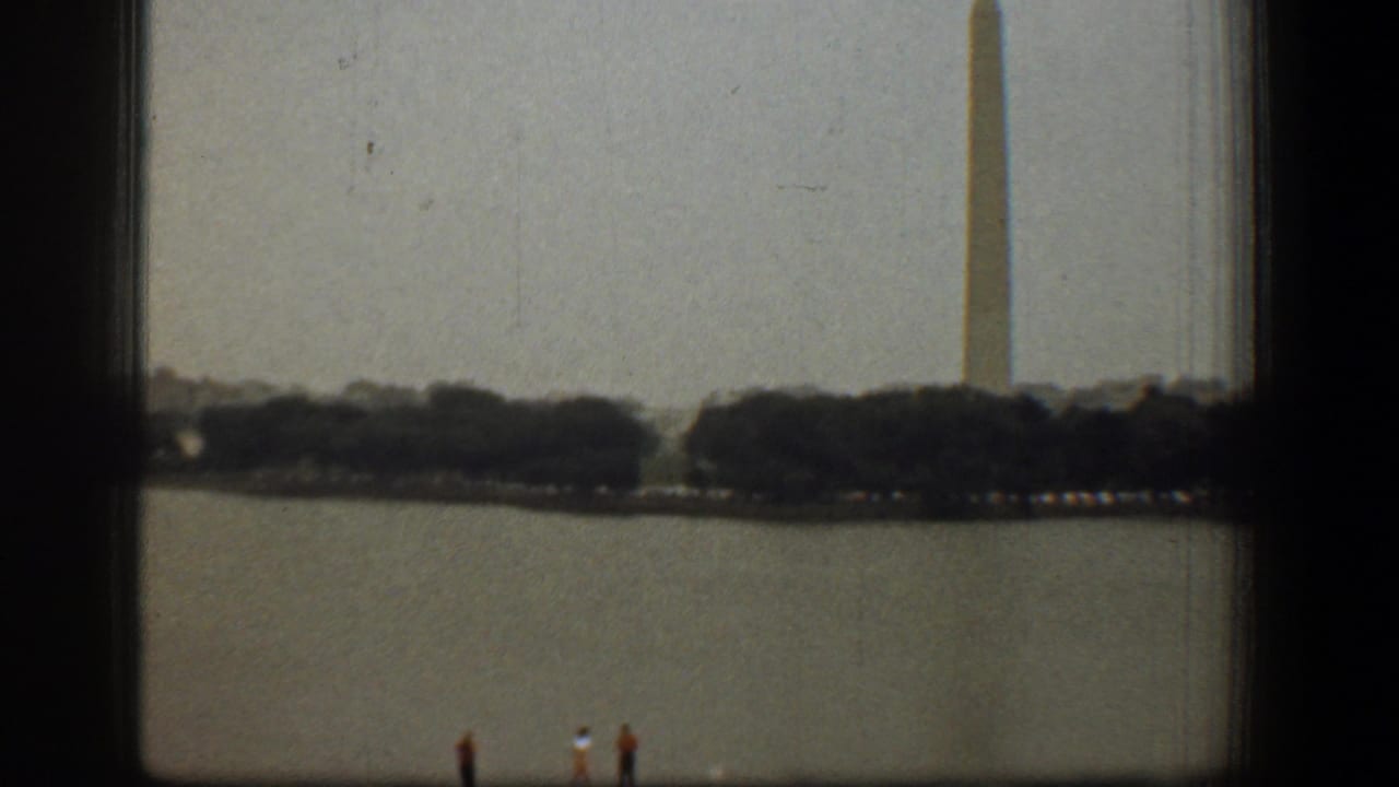 Reflecting Pool and tree line with the Washington Monument partly framed at right.