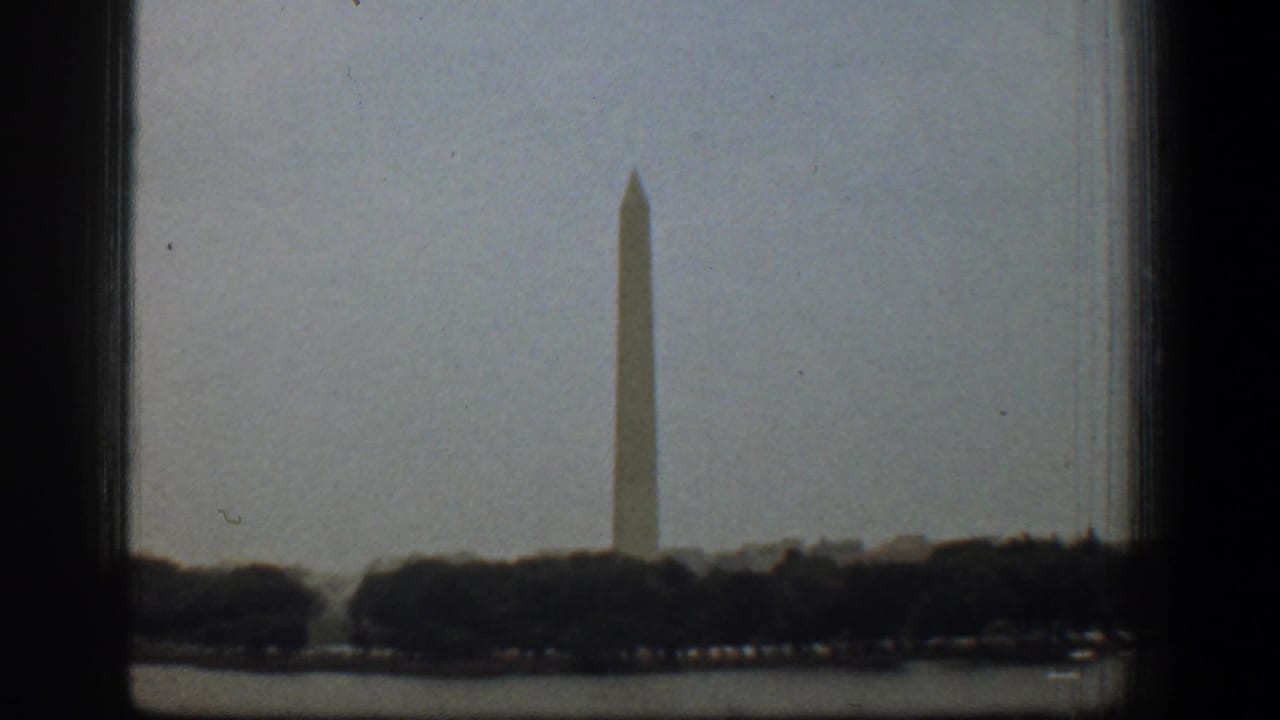 Washington Monument seen above trees and water in a soft 8mm frame.