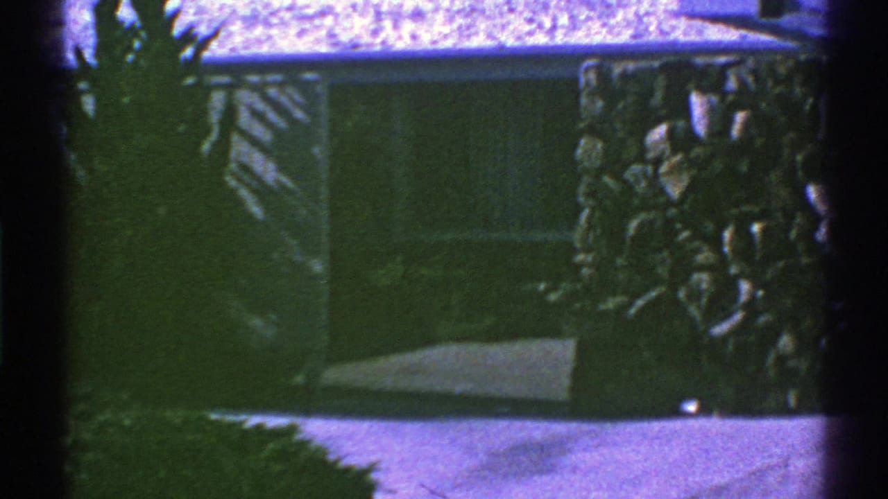 Closer dark view of the house exterior with stonework, greenery, and walkway.