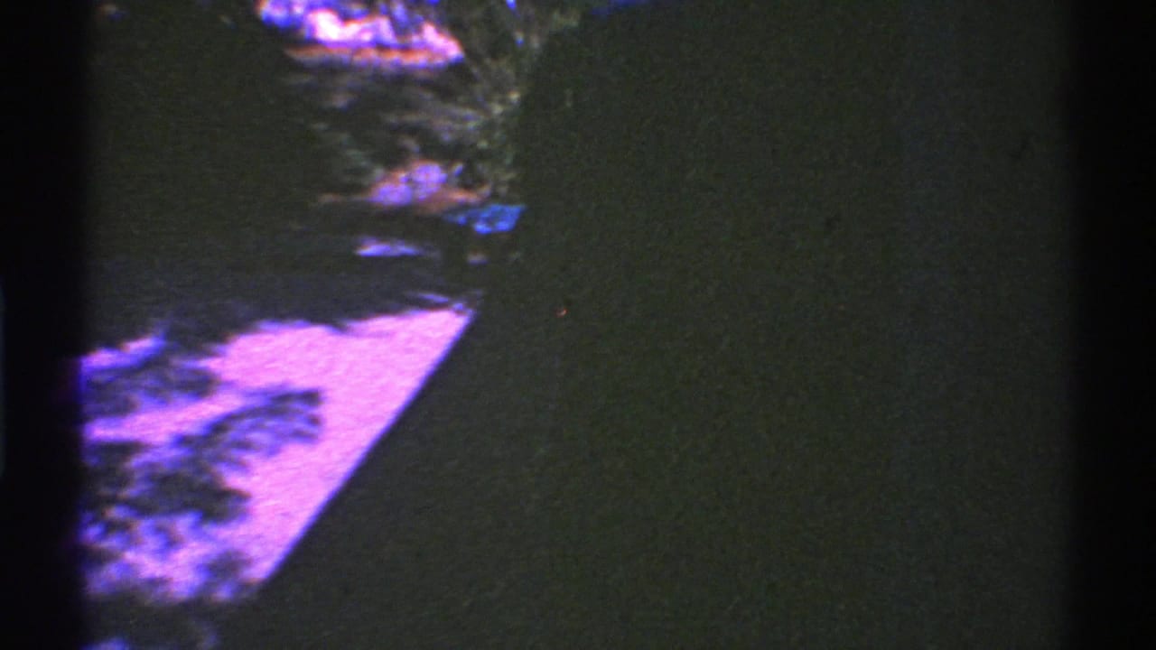 1969 Nevada home-movie frame showing a dim garden view through dark window framing, with soft foliage and pale ground patches.
