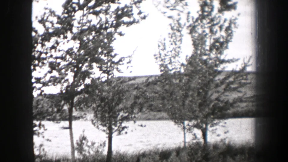 1938 Washington 8mm frame showing trees near bright water or open field, with a distant hillside and dark film-edge vignette.