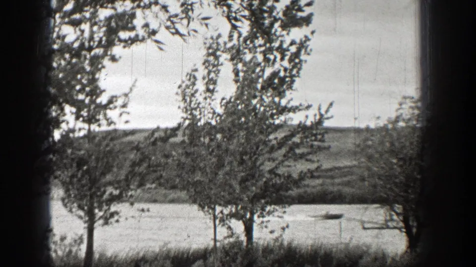 1938 home-movie frame of a breezy Washington waterfront, with trees, shoreline grass, and small boats on the water.