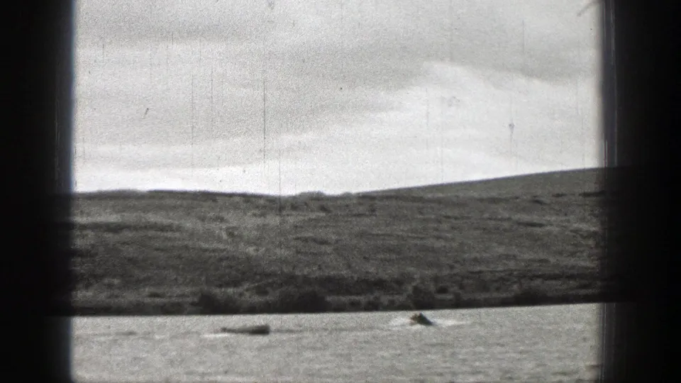 1938 Washington lakeside frame with a distant boat and wake against a grassy field and rolling hill.
