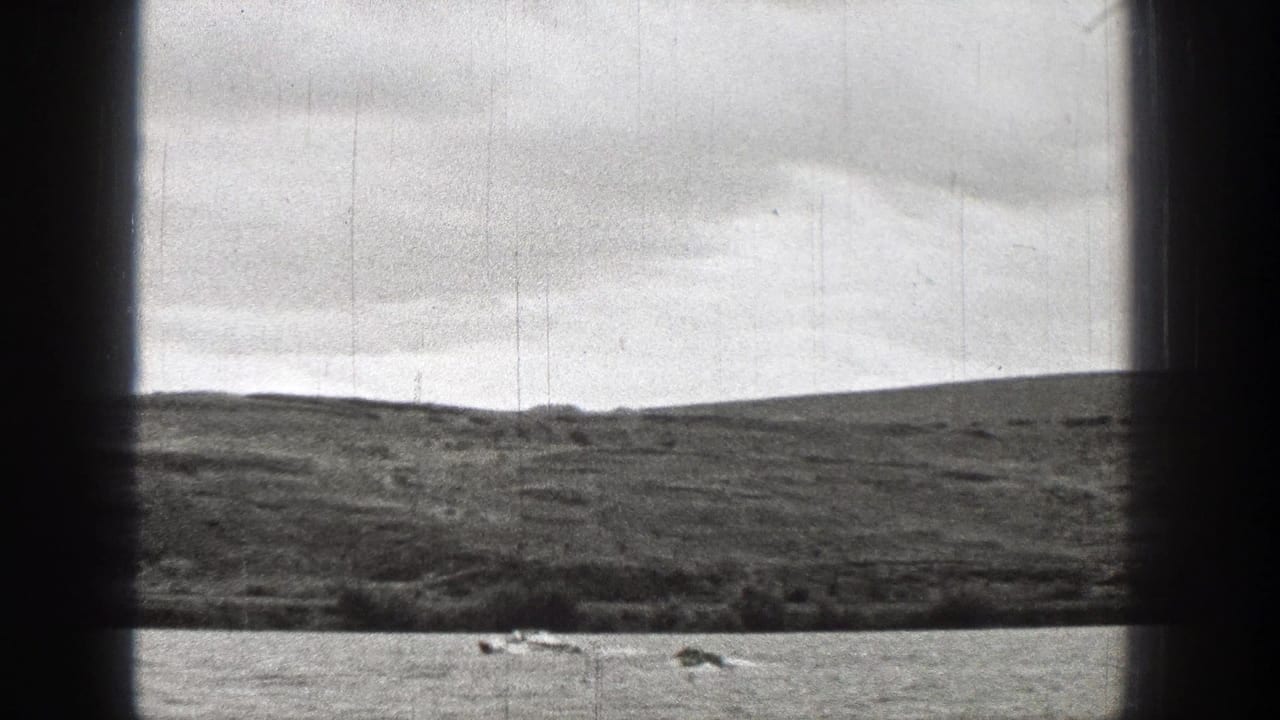 1938 Washington 8mm frame with small boats crossing lake water in front of open fields and low hills.