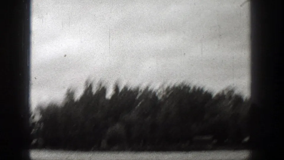 1938 Washington 8mm frame showing lake water, a tree-lined shore, and heavy dark frame edges from a moving viewpoint.