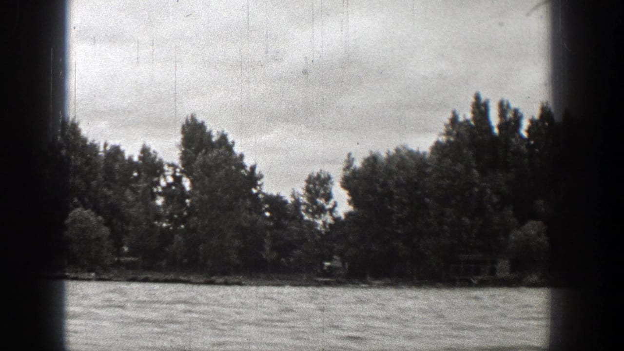 1938 Washington lake scene with rippled water, wooded shoreline, cloudy sky, and visible 8mm film scratches.