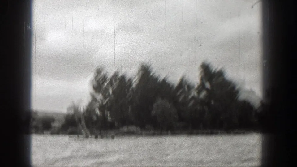 Handheld 1938 Washington 8mm frame with lake water, blurred trees, cloudy sky, and vertical film wear.