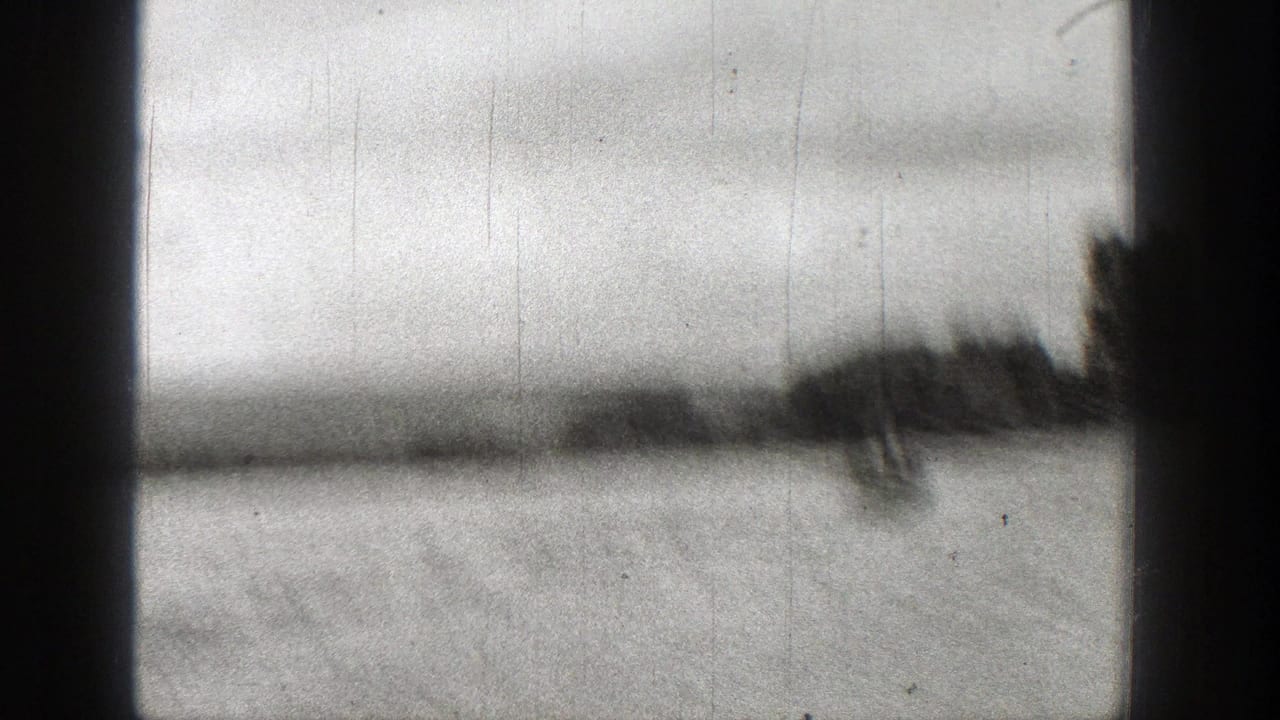 Soft, blurred view of open water and distant shoreline through a vertical dark edge.
