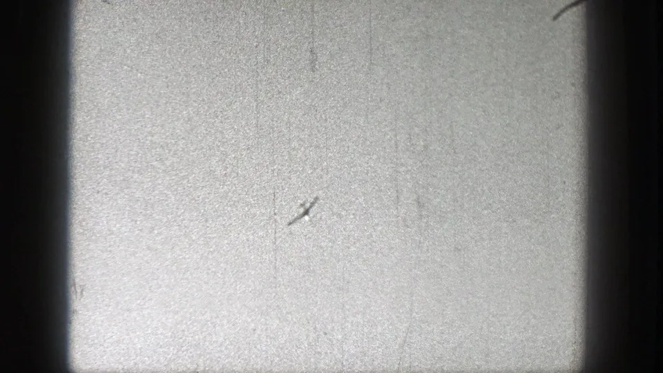 The glider appears faintly near the lower right of the sky, with heavy grain and contact-sheet borders visible in the scan.