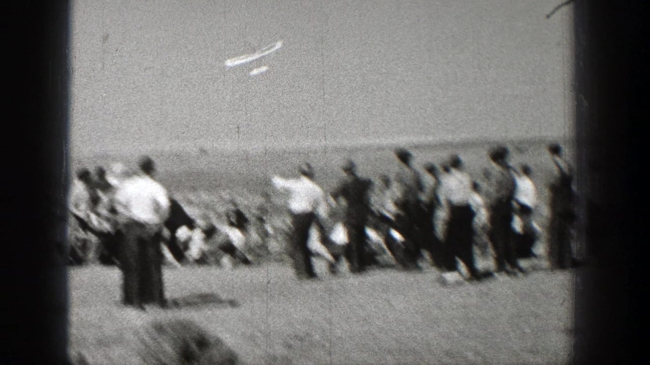 Crowd gathered in an open field while a small aircraft flies overhead.