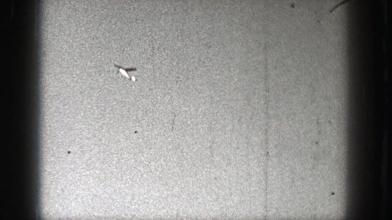 A distant small aircraft appears near the upper left of a grainy 1938 Washington 8mm frame with heavy edge darkening.