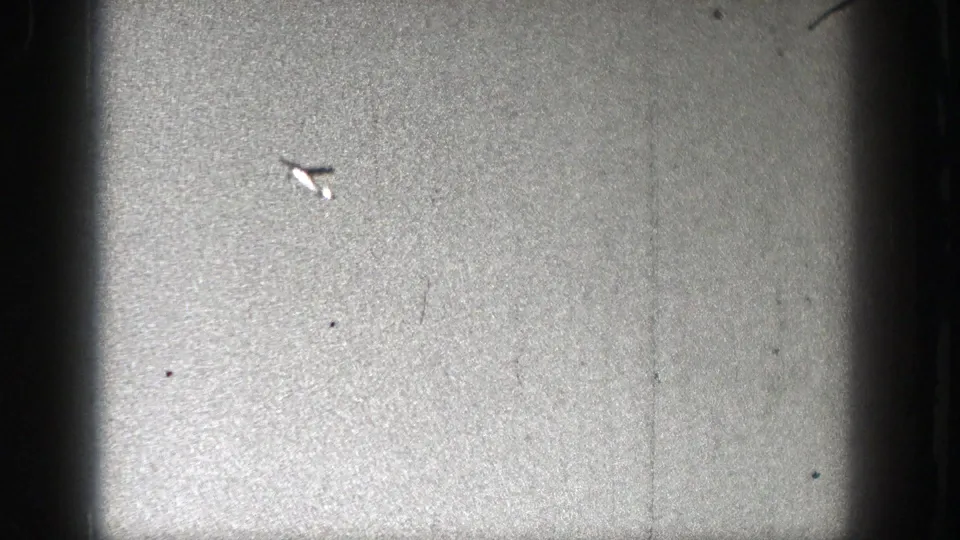 A distant small aircraft appears near the upper left of a grainy 1938 Washington 8mm frame with heavy edge darkening.