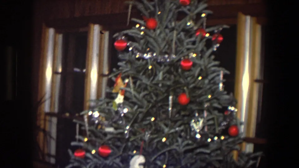 Decorated Christmas tree in a Saint Paul home-movie frame from 1971, with red ornaments, small lights, and a windowed interior behind it.