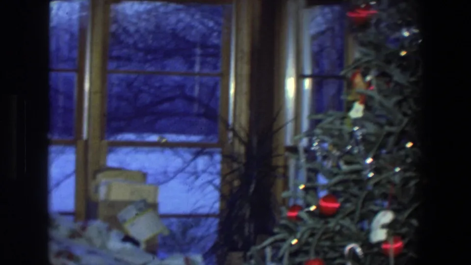 A snowy window and decorated Christmas tree appear inside the Saint Paul home after the couple moves out of frame.