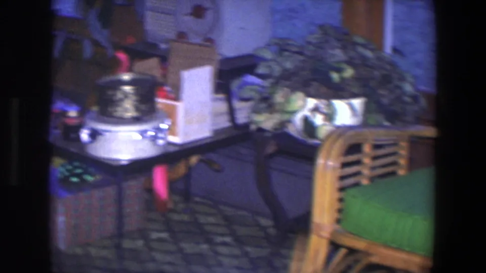 Saint Paul 1971 living room detail with a small table, silver pot, packages, plant-like decor, wicker chair, and green cushion.