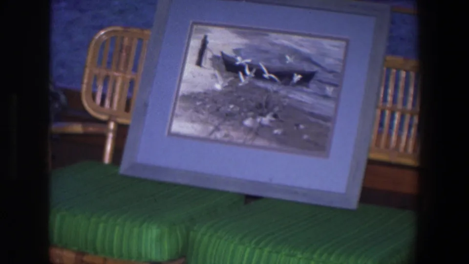 Framed animal artwork appears propped on green-cushioned wicker seating in a 1971 Saint Paul private home interior.