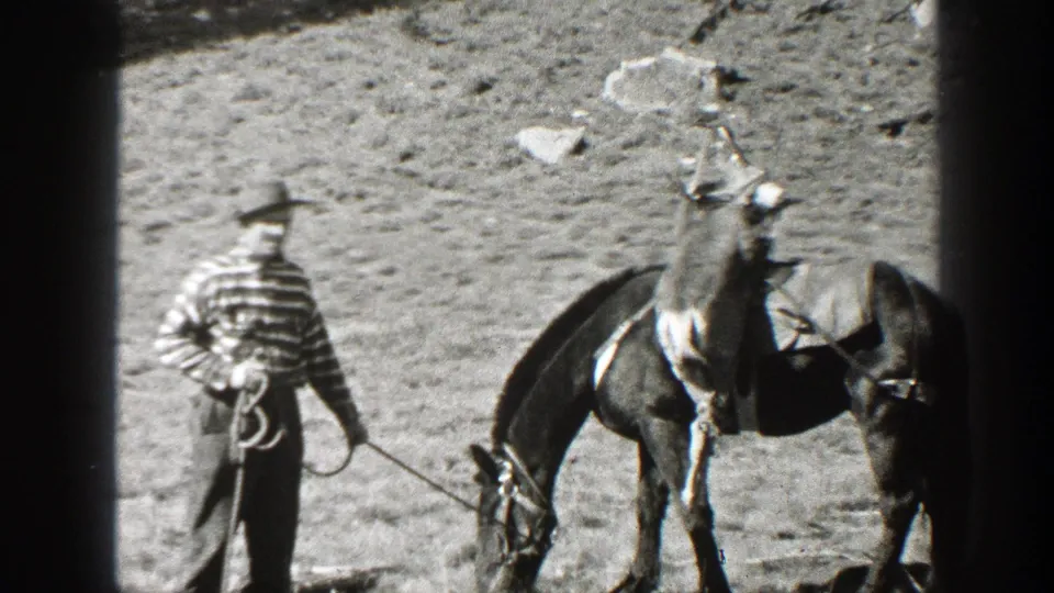 A man in a brimmed hat holds the lead rope while the pack horse grazes, with the deer carcass still visible on the load.