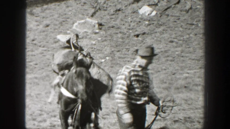The final frame shows the man walking near the loaded pack horse, with the deer carcass and saddle gear viewed from the rear.