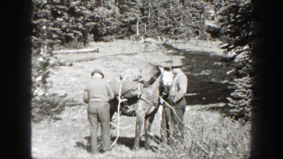 The horse and two men remain near a wooded stream, with pack gear and reins visible in the 8mm frame.