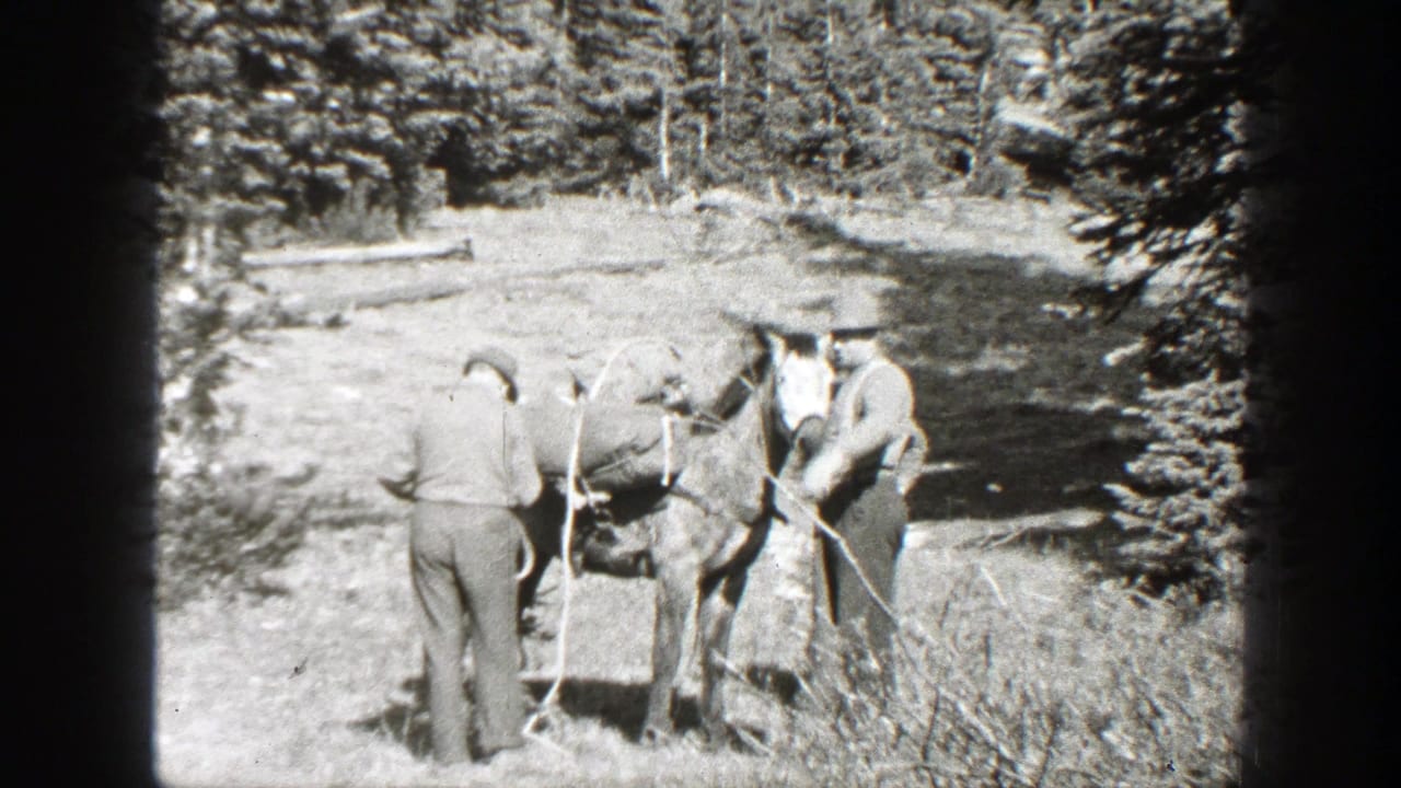 Two men handle reins and gear while standing next to a horse.