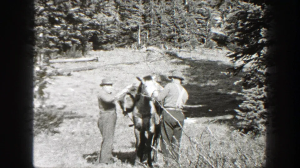The men pause beside the packed horse in the California woods, with reins and supplies visible in black-and-white 8mm footage.