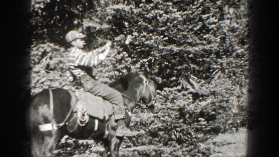 Adult rider on horseback in California archival footage points a rifle toward the tree line amid bright, grainy forest light.