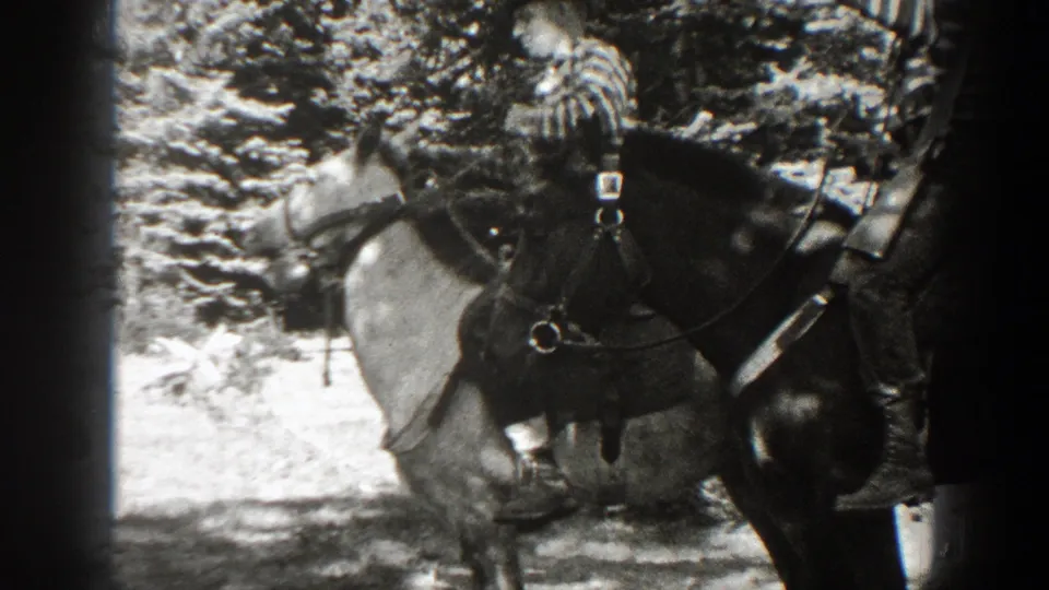 Black-and-white 8mm frame of a cowboy-dressed rider and saddled horse in a California wooded area.