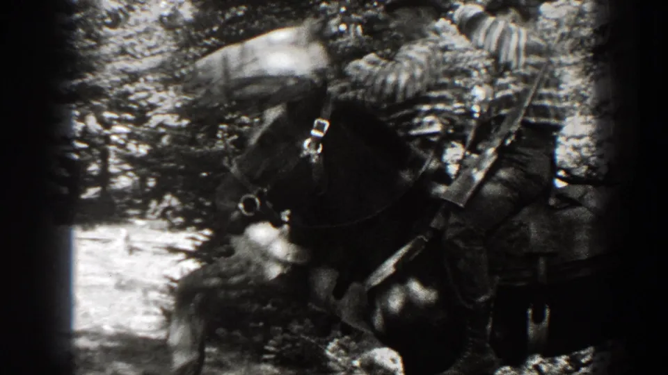1938 home-movie frame with a horse, bridle, saddle, and rider partly cropped in a wooded California scene.