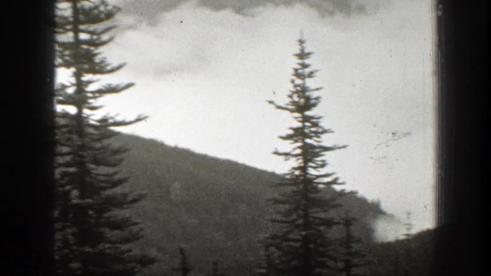 1938 California 8mm frame showing tall evergreens, layered mountain ridges, and valley mist viewed through a dark window frame.