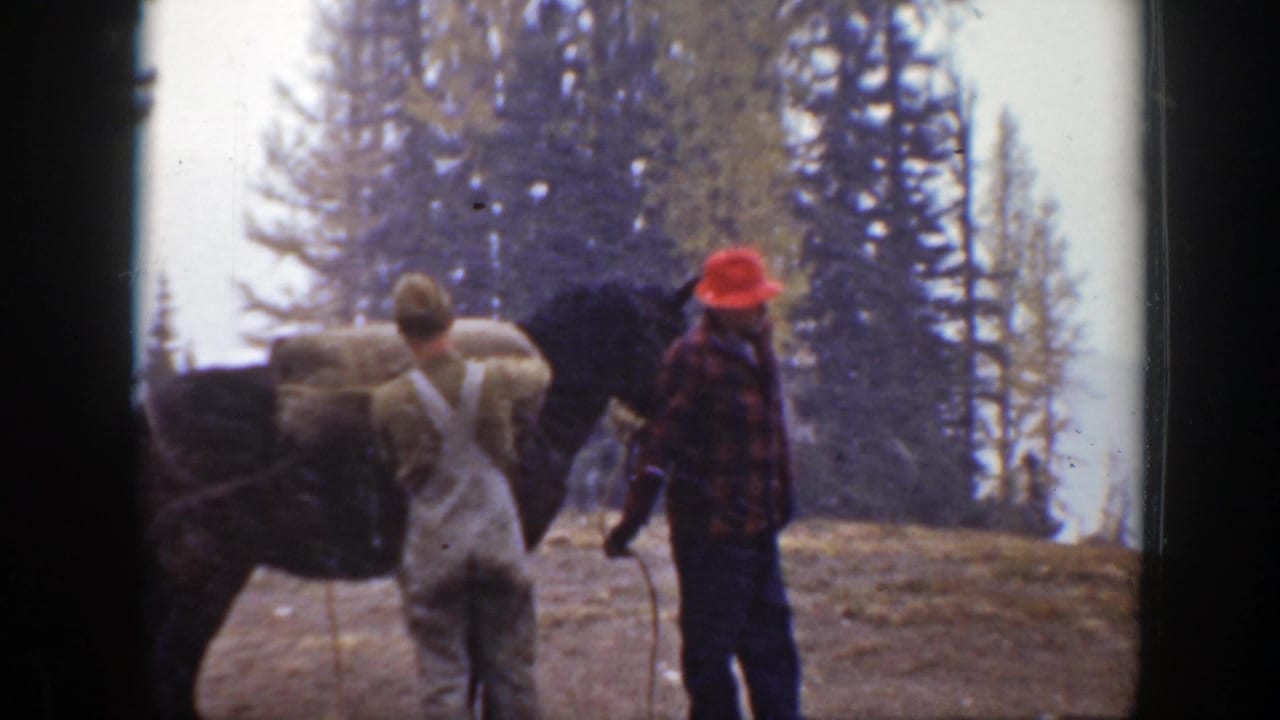 1938 California home-movie frame showing two men beside a dark pack horse on a wooded hillside path.