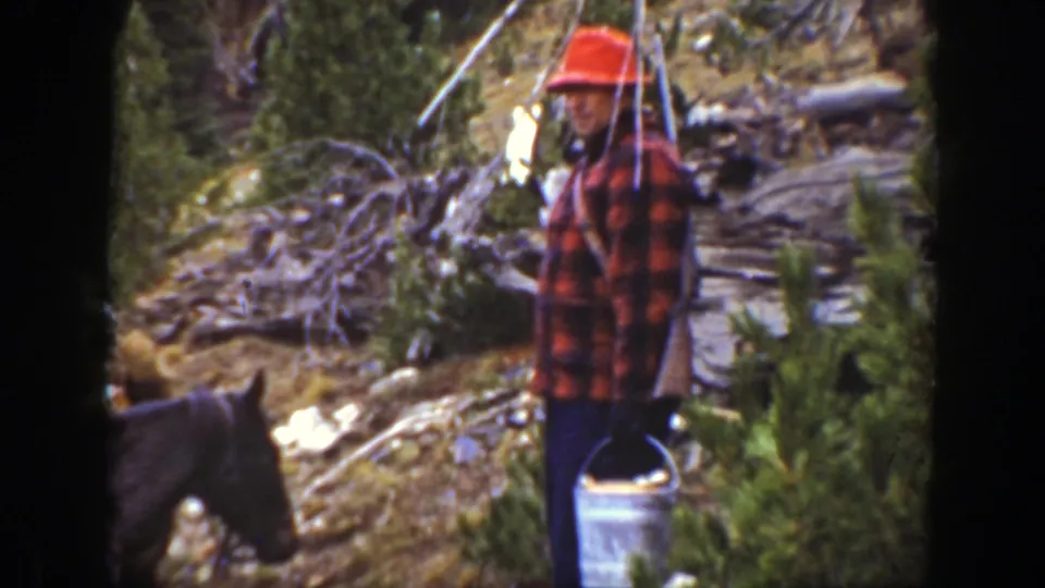 Man in red hat and plaid shirt stands on a wooded California hillside as the pack horse passes nearby.