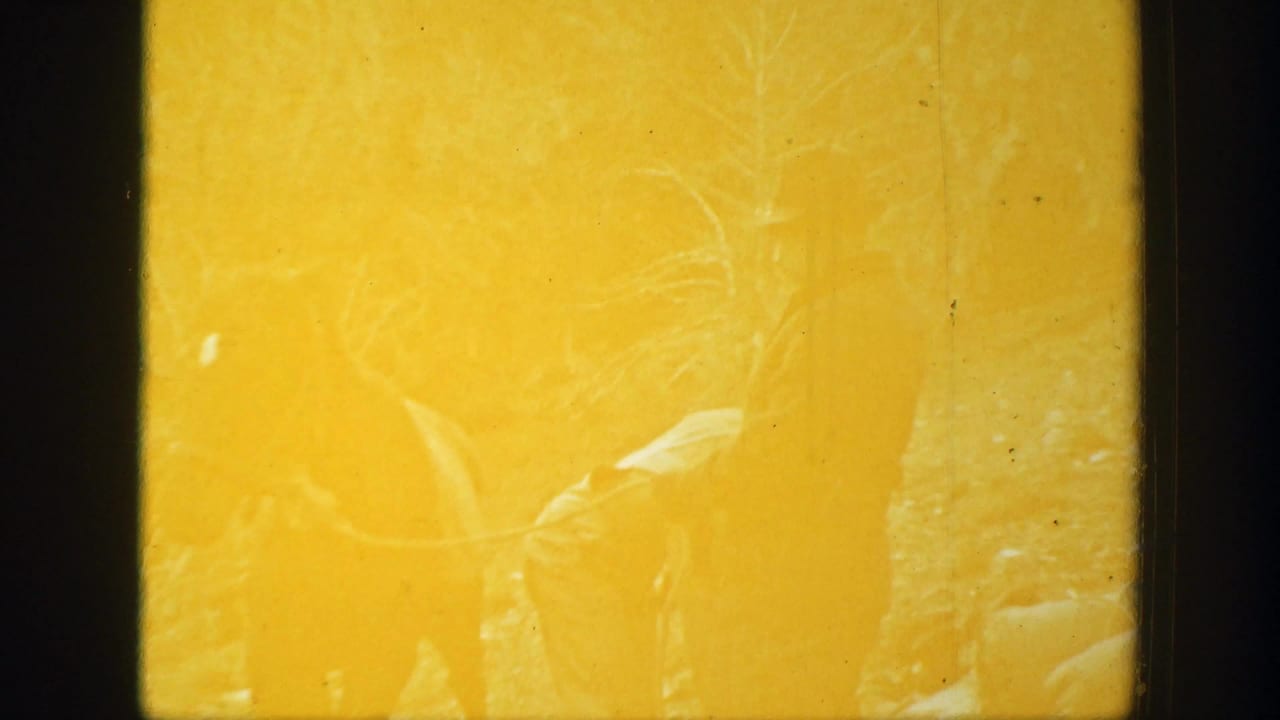 Yellow overexposed frame with a faint man and horse barely visible.
